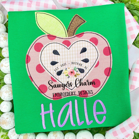 Back to school apple heart machine applique design embroidery file, blanket stitch AND bean stitch
