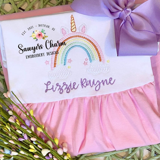 Unicorn rainbow zig zag sketch stitch machine embroidery design file, boho, clouds, stars, sparkles, quick stitch, bean stitch