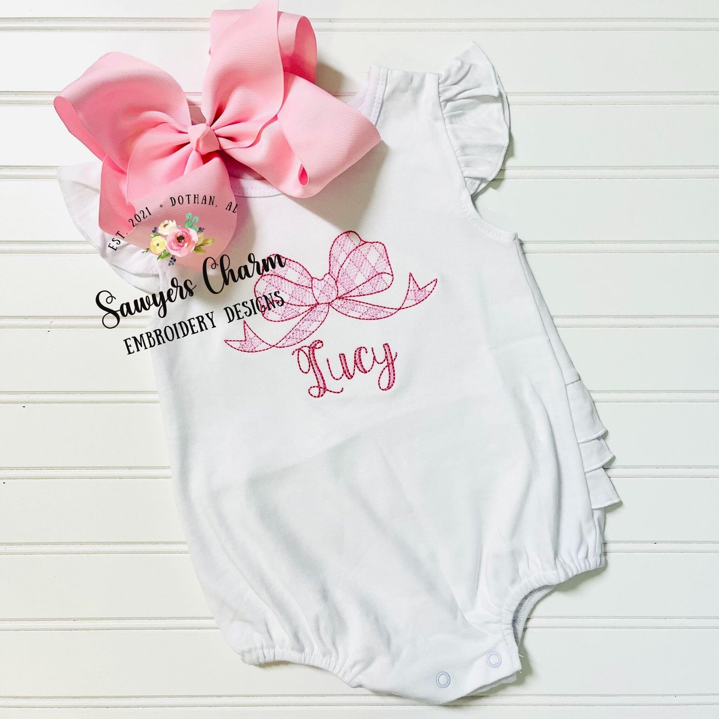 Gingham bow sketch stitch/bean stitch machine embroidery design file, quick stitch, vintage stitch, monogram topper, girly, plaid check