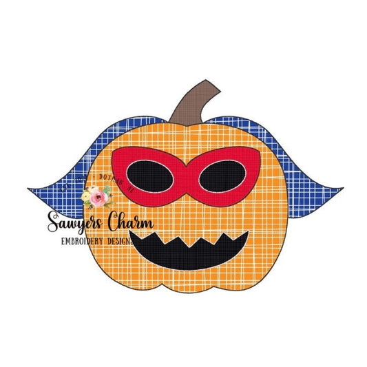 Superhero jackolantern pumpkin, bean stitch & zig zag applique embroidery design file, quick stitch, fall halloween, bow, cape, girl and boy