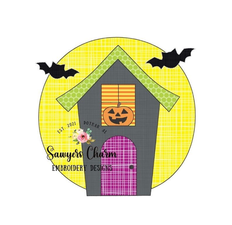BUNDLE Haunted house with banner & jackolantern pumpkin, bean stitch applique embroidery design file, quick stitch, fall halloween bats moon