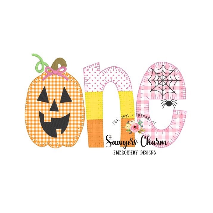 Halloween ONE jackolantern spooky blanket stitch machine applique design embroidery file, first birthday, pumpkin candy corn spiderweb
