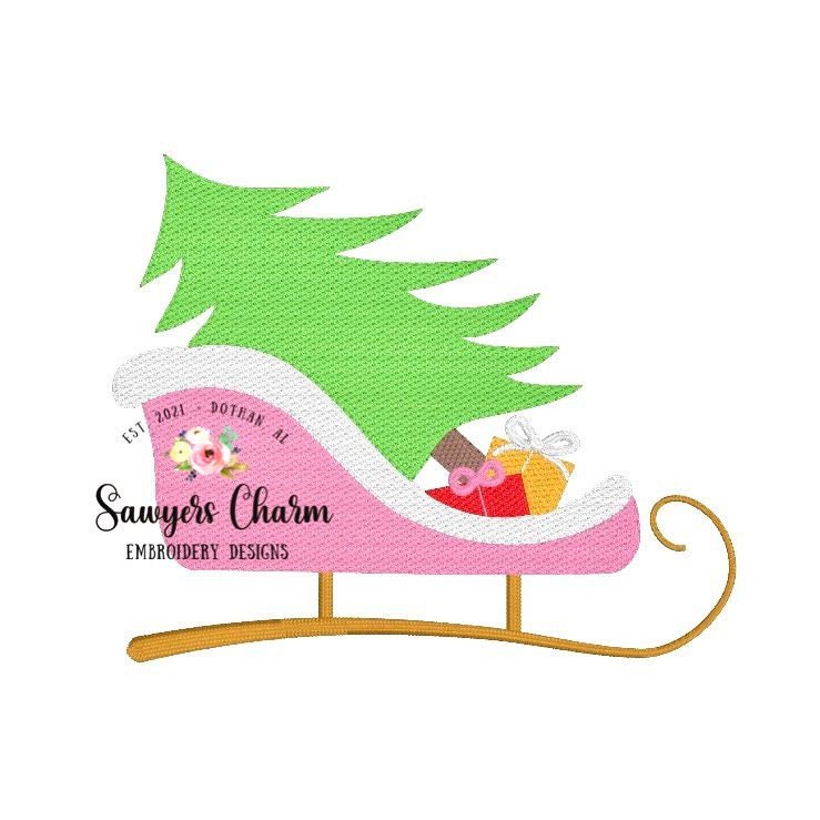 Christmas sleigh with tree & presents sketch stitch machine embroidery design file, quick stitch, holidays, Santa, satin stitch