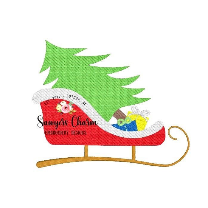 Christmas sleigh with tree & presents sketch stitch machine embroidery design file, quick stitch, holidays, Santa, satin stitch