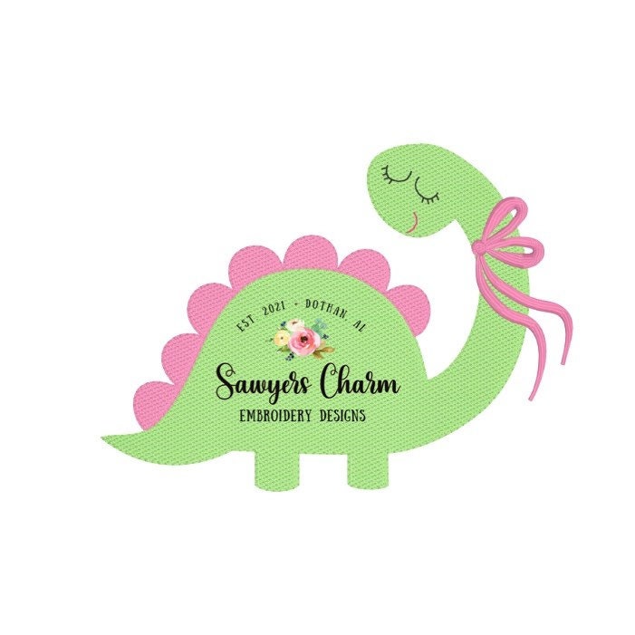 Sweet dinosaur with bow sketch stitch machine embroidery design file, dino, bean stitch details, satin stitch bow, girly, quick stitch