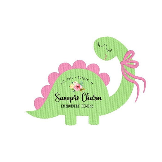Sweet dinosaur with bow sketch stitch machine embroidery design file, dino, bean stitch details, satin stitch bow, girly, quick stitch