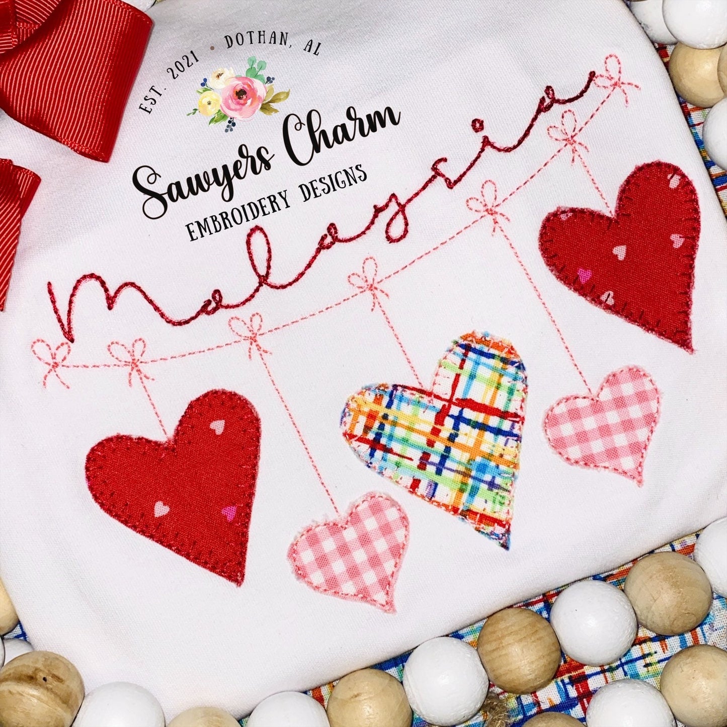 Valentine's Day hearts bunting banner machine applique embroidery design file, quick stitch, bean stitch, blanket stitch