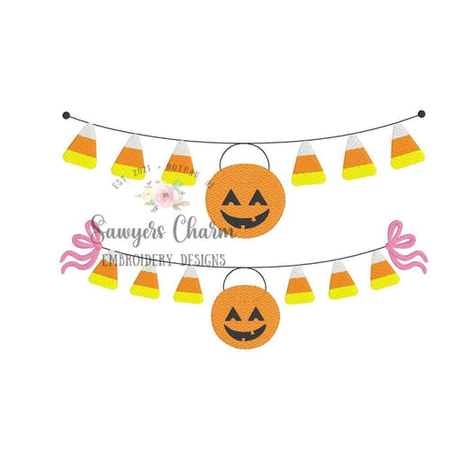 BUNDLE Halloween candy corn jackolantern bunting banner sketch stitch machine embroidery design file, quick stitch/bean stitch, fall pumpkin
