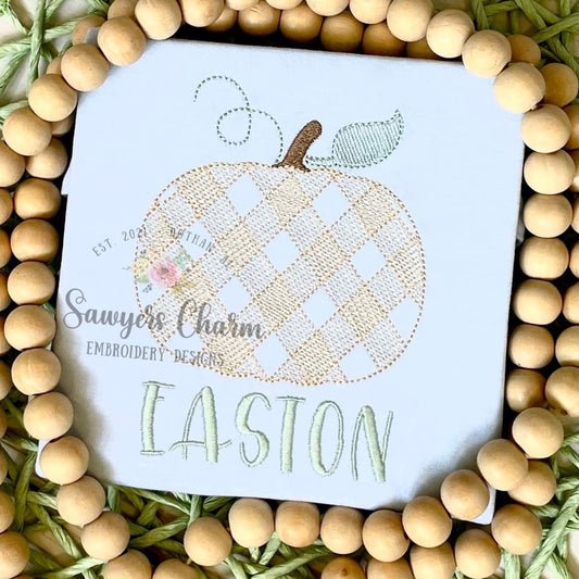 Gingham pumpkin, sketch stitch embroidery design file, fall, halloween, fall leaves, pumpkin patch, quick stitch, beans stitch, plaid check