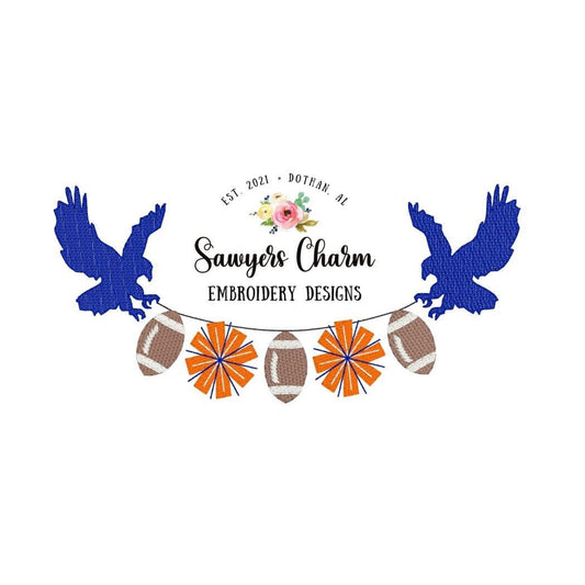 Flying Eagle mascot Sports football pom poms/cheerleading bunting banner sketch fill embroidery design file, quick stitch bean stitch
