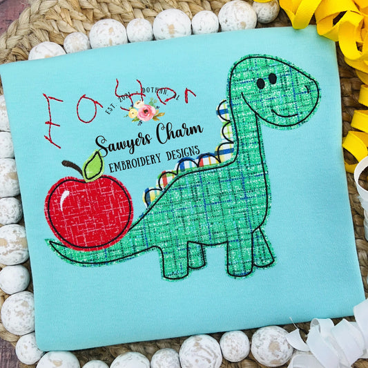 BUNDLE Back to school dinosaur with apple, with & without bow, bean stitch applique embroidery design file, dino, quick stitch