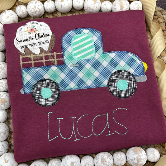 Fall vintage cotton boll pickup truck machine applique design embroidery file, zig zag stitch, with and without bow