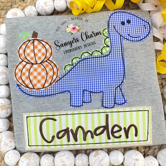 Stacked pumpkins dinosaur with & without bow, bean stitch applique embroidery design file, dino, quick stitch, fall halloween, girl boy