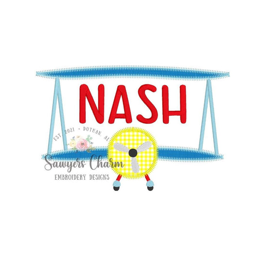 BUNDLE biplane name plate/frame sketch & zig zag applique, machine embroidery design file, quick stitch, vintage airplane, transportation
