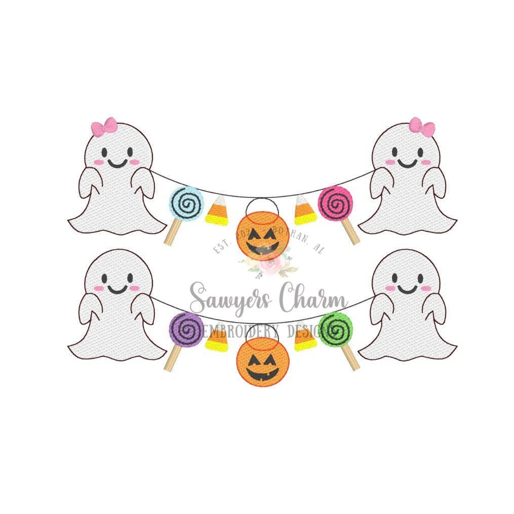 Halloween candy ghost jackolantern bunting banner sketch stitch machine embroidery design file, quick stitch, bean stitch, fall, pumpkins