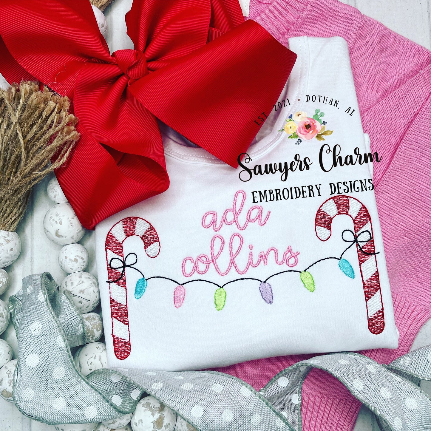 BUNDLE Christmas lights candy cane bunting banner sketch stitch machine embroidery design file, quick stitch, bean stitch, happy holidays