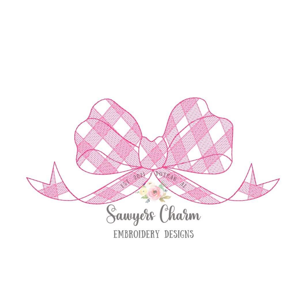 Gingham bow sketch stitch/bean stitch machine embroidery design file, quick stitch, vintage stitch, monogram topper, girly, plaid check