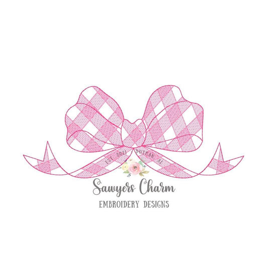 Gingham bow sketch stitch/bean stitch machine embroidery design file, quick stitch, vintage stitch, monogram topper, girly, plaid check