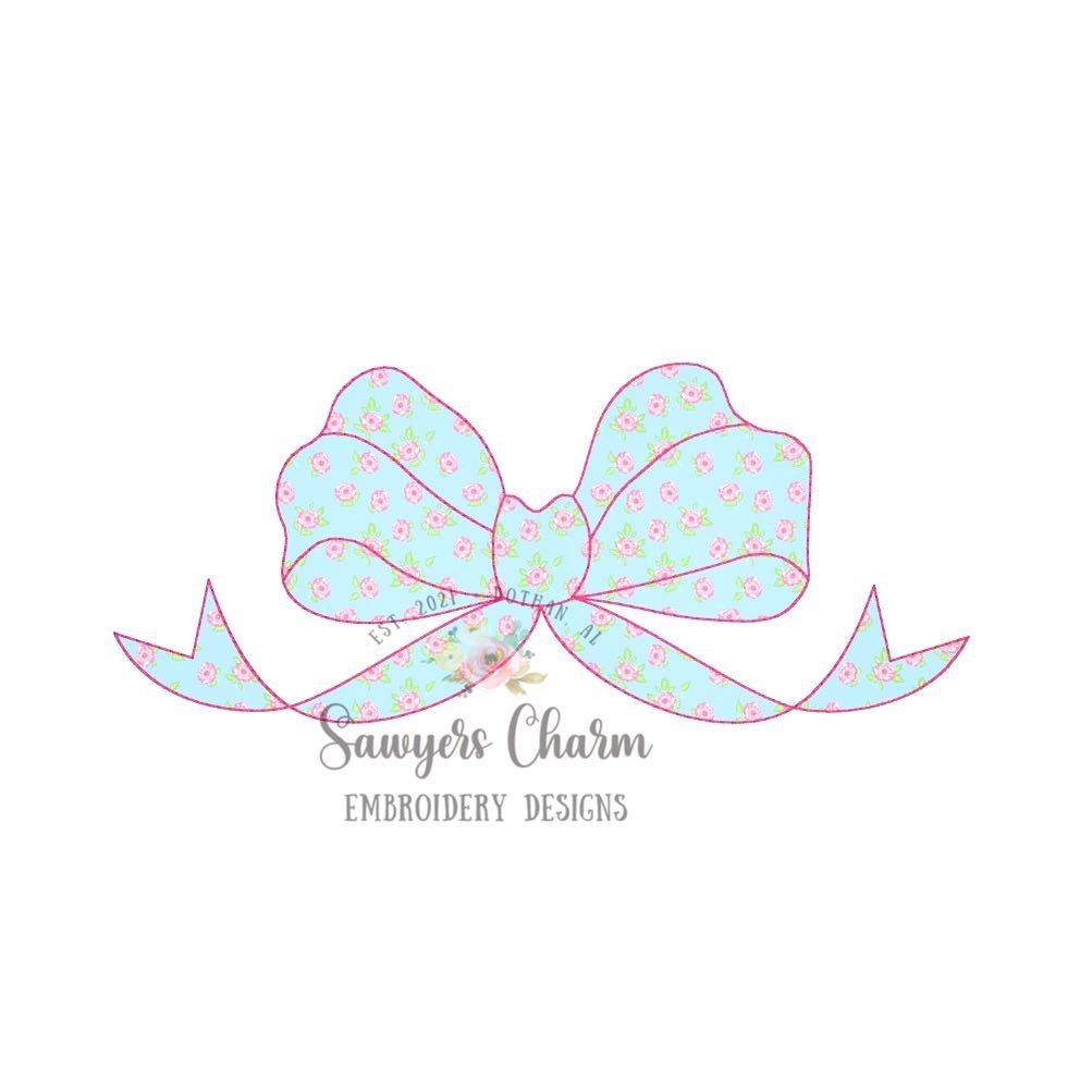 Bow bean stitch machine applique embroidery design file, quick stitch, vintage stitch, monogram topper, girly, streamers