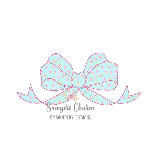 Bow bean stitch machine applique embroidery design file, quick stitch, vintage stitch, monogram topper, girly, streamers