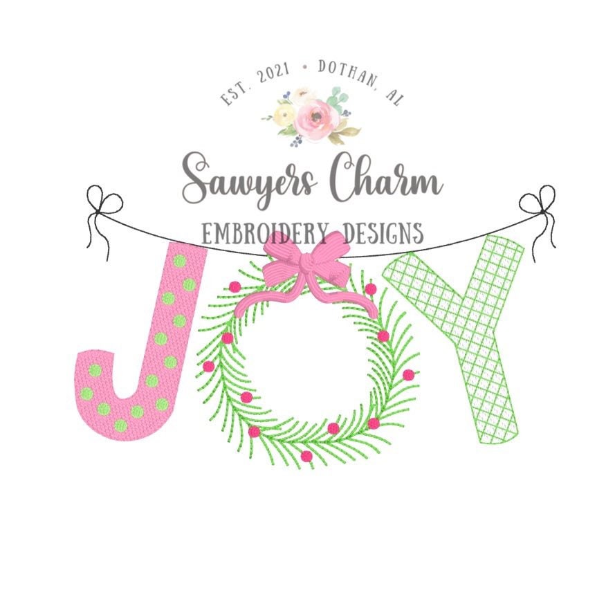 Christmas JOY wreath with bow bunting banner decorative sketch stitch, machine embroidery design file, bean stitch, satin stitch, holidays