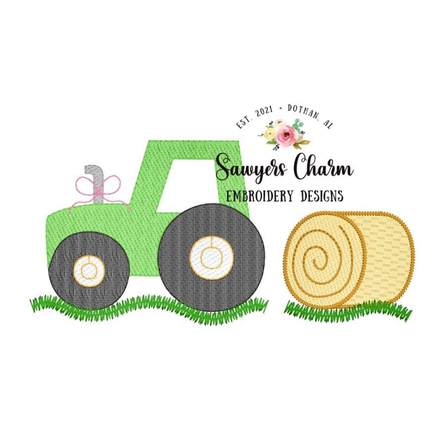 Tractor hay bale sketch stitch machine embroidery design file, bean stitch, quick stitch, farming, harvest, dirt hauler, transportation, bow