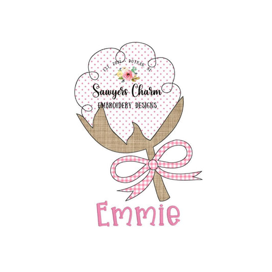 Cotton boll bean stitch applique with bow machine embroidery design file, fall, harvest, quick stitch, farming