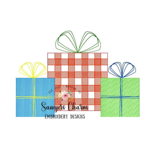 Gingham presents with bow sketch stitch/bean stitch machine embroidery design file, Christmas, plaid check, holidays, birthday gifts
