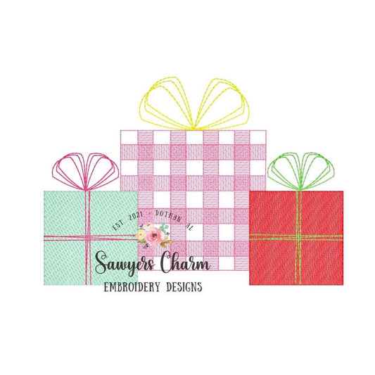 Gingham presents with bow sketch stitch/bean stitch machine embroidery design file, Christmas, plaid check, holidays, birthday gifts