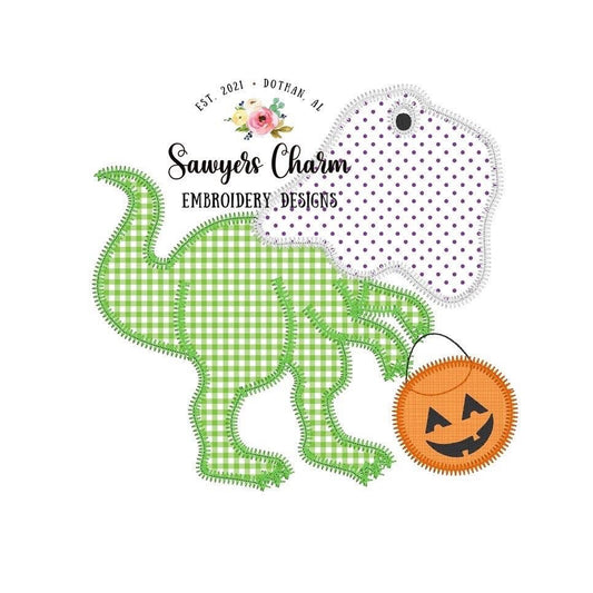T-Rex ghost trick or treating zigzag stitch applique, machine embroidery design file, jackolantern pumpkin dinosaur dino spooky candy bucket