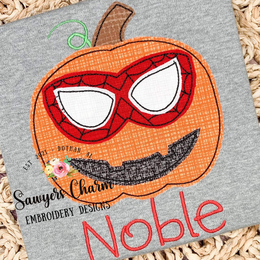 Spider Superhero jackolantern pumpkin, bean stitch applique, embroidery design file, fall halloween, crime fighter, quick stitch, mask