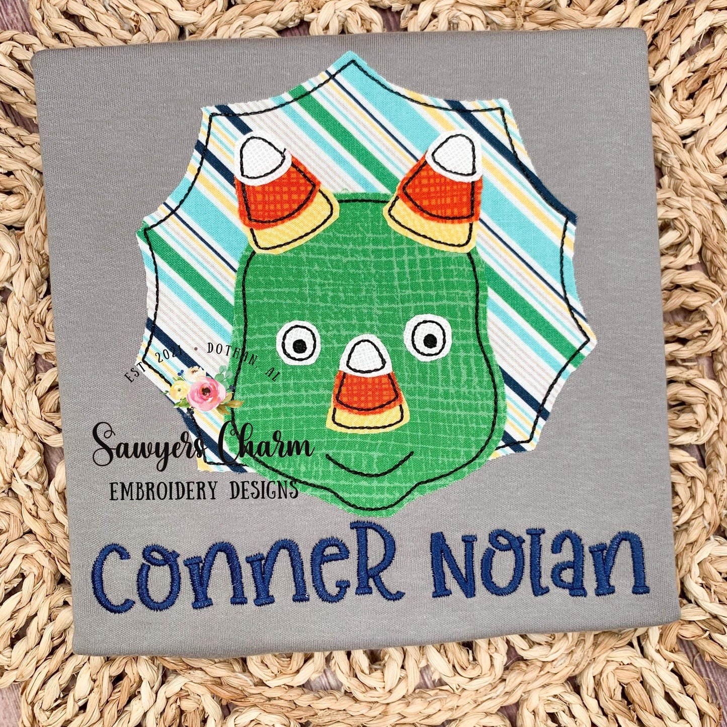 BUNDLE Candy corn triceratops with & without bow, bean stitch applique embroidery design file, dino, quick stitch, fall halloween, dinosaur