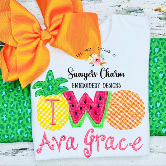 Two-tii fruity birthday pineapple watermelon citrus fruit summer zig zag applique, machine embroidery design file, party, quick stitch