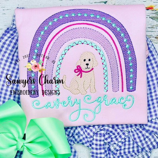 Boho sketch rainbow with puppy with bow machine embroidery design file