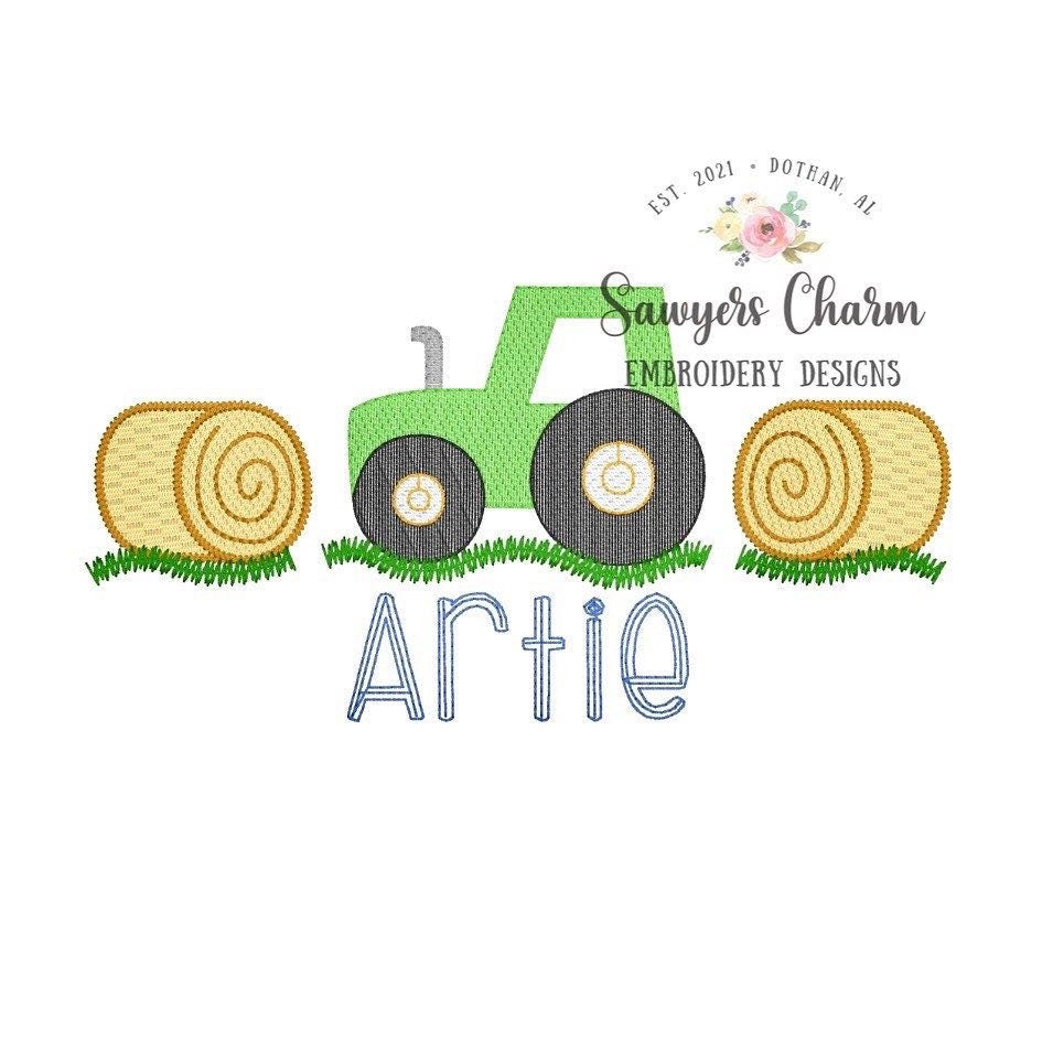 BUNDLE Tractor hay bale trio sketch stitch machine embroidery design file, bean stitch, farming, harvest, dirt hauler, transportation, bow