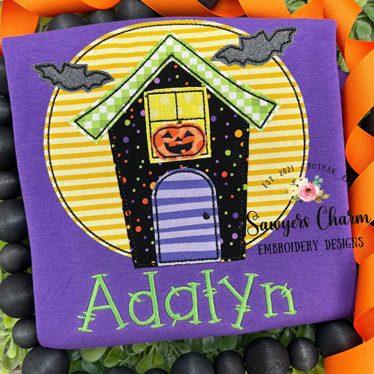 BUNDLE Haunted house with banner & jackolantern pumpkin, bean stitch applique embroidery design file, quick stitch, fall halloween bats moon