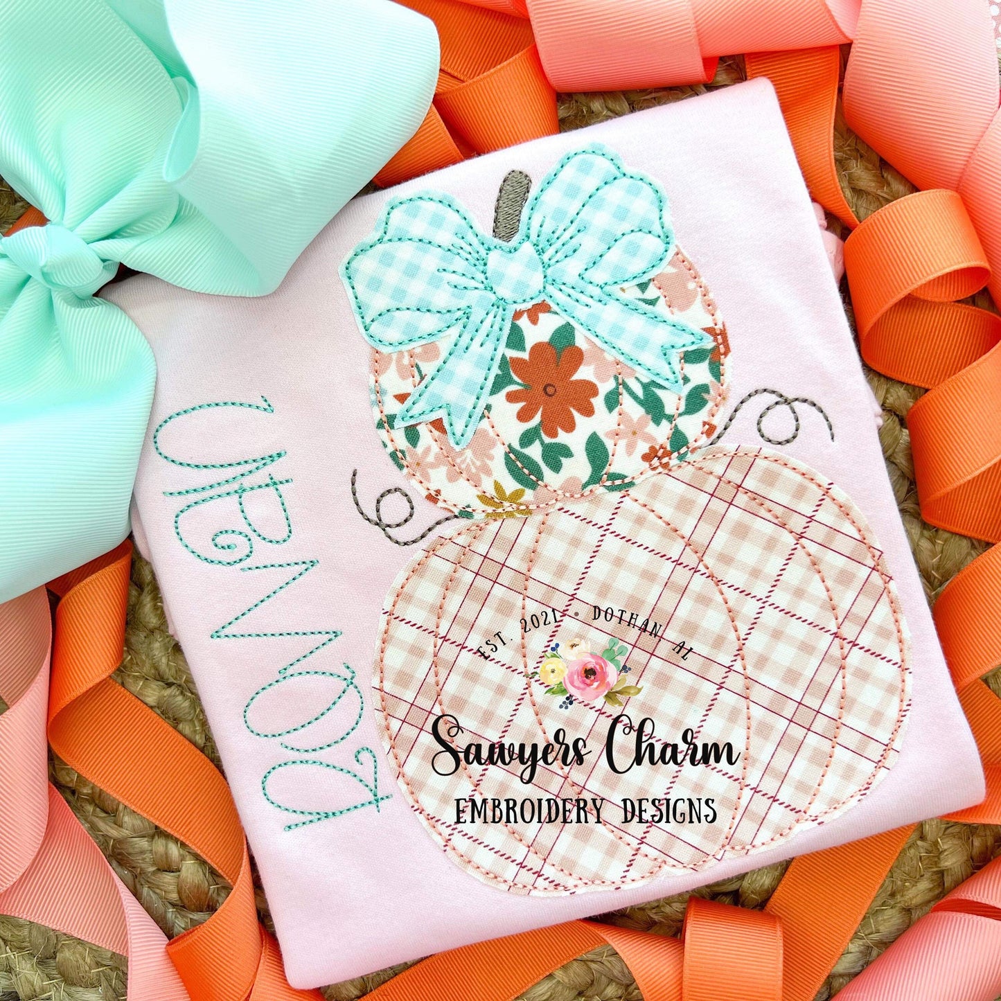 BUNDLE Stacked pumpkins with and without bow, bean stitch applique design file, fall, halloween, fall leaves, pumpkin patch, quick stitch