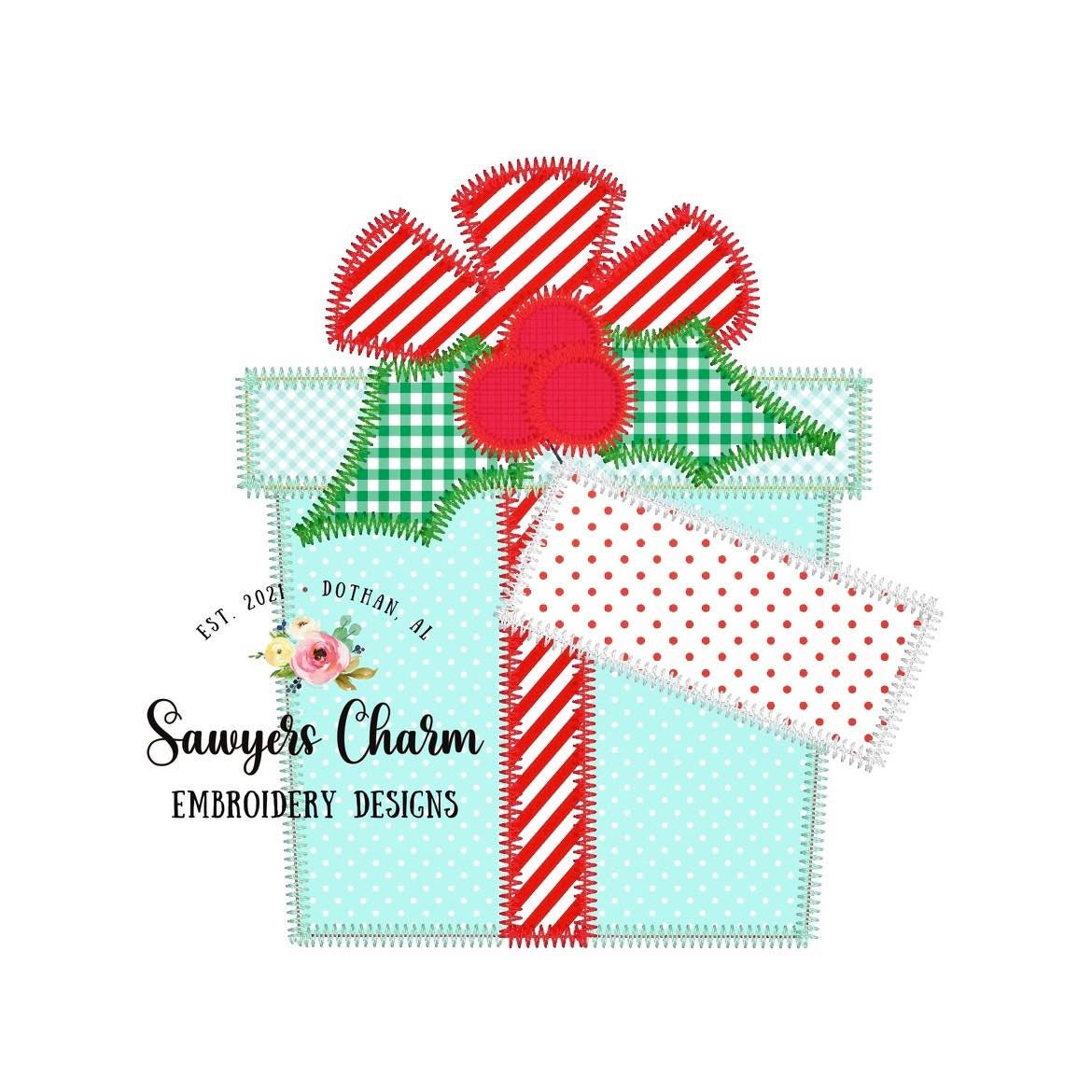 Christmas present/gift with holly berry zig zag stitch applique, machine embroidery design file, Happy holidays, Merry Christmas, Santa