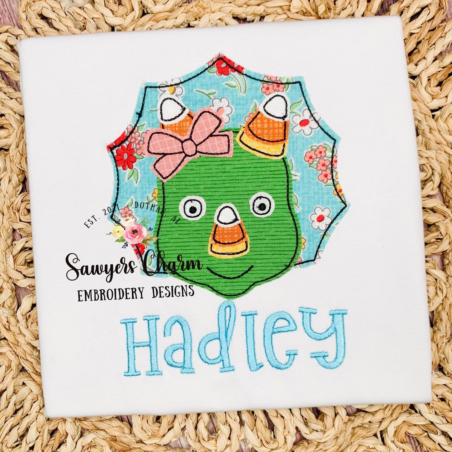 BUNDLE Candy corn triceratops with & without bow, bean stitch applique embroidery design file, dino, quick stitch, fall halloween, dinosaur