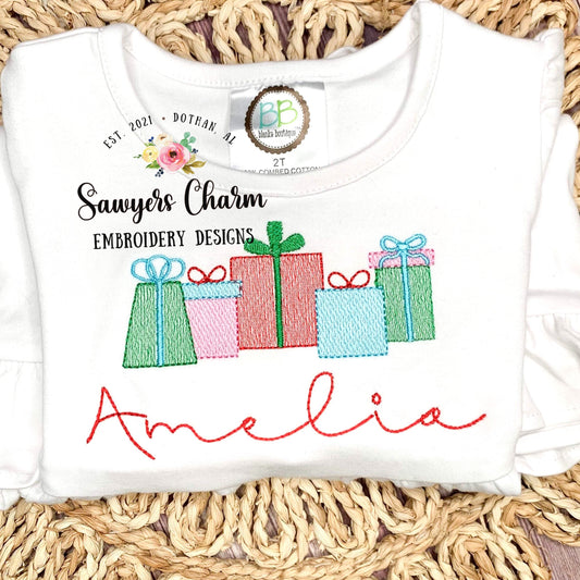 Christmas presents/gifts with bow, sketch stitch machine embroidery design file, Happy holidays, Santa clause, happy birthday, ho ho ho
