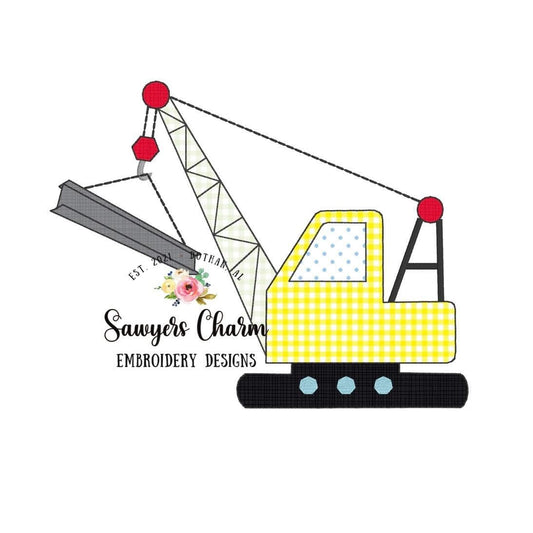 Crane with steal beam, bean stitch machine applique design embroidery file, quick stitch, construction digger, truck transportation