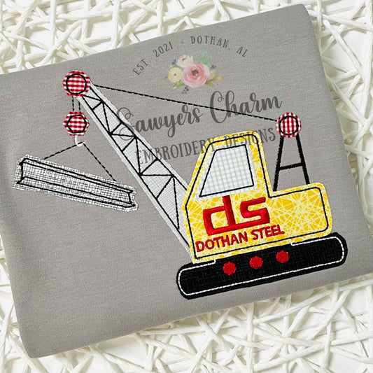 Crane with steal beam, bean stitch machine applique design embroidery file, quick stitch, construction digger, truck transportation