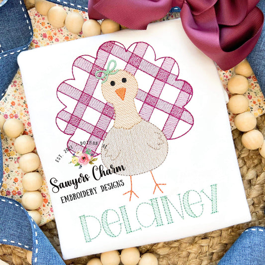 BUNDLE Gingham turkey with & without bow, sketch stitch embroidery design file, fall, thanksgiving, gobble, plaid check, quick stitch
