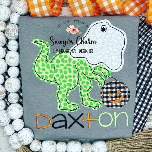 T-Rex ghost trick or treating bean stitch applique, machine embroidery design file, jackolantern pumpkin dinosaur dino, spooky, candy bucket