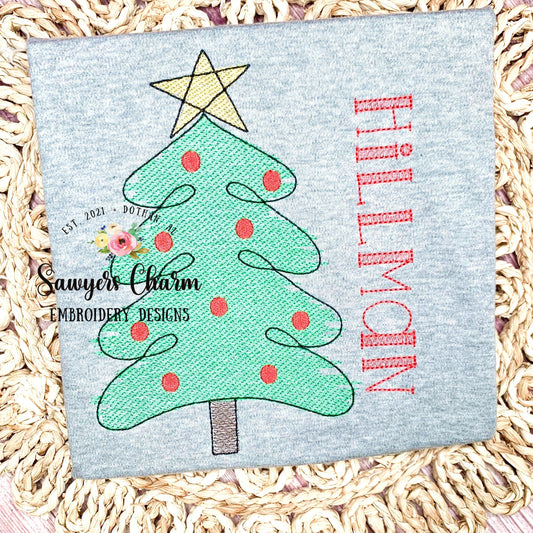 Christmas tree with coquette bow, scribble sketch stitch machine embroidery design file, quick stitch, holidays boho/woodland watercolor
