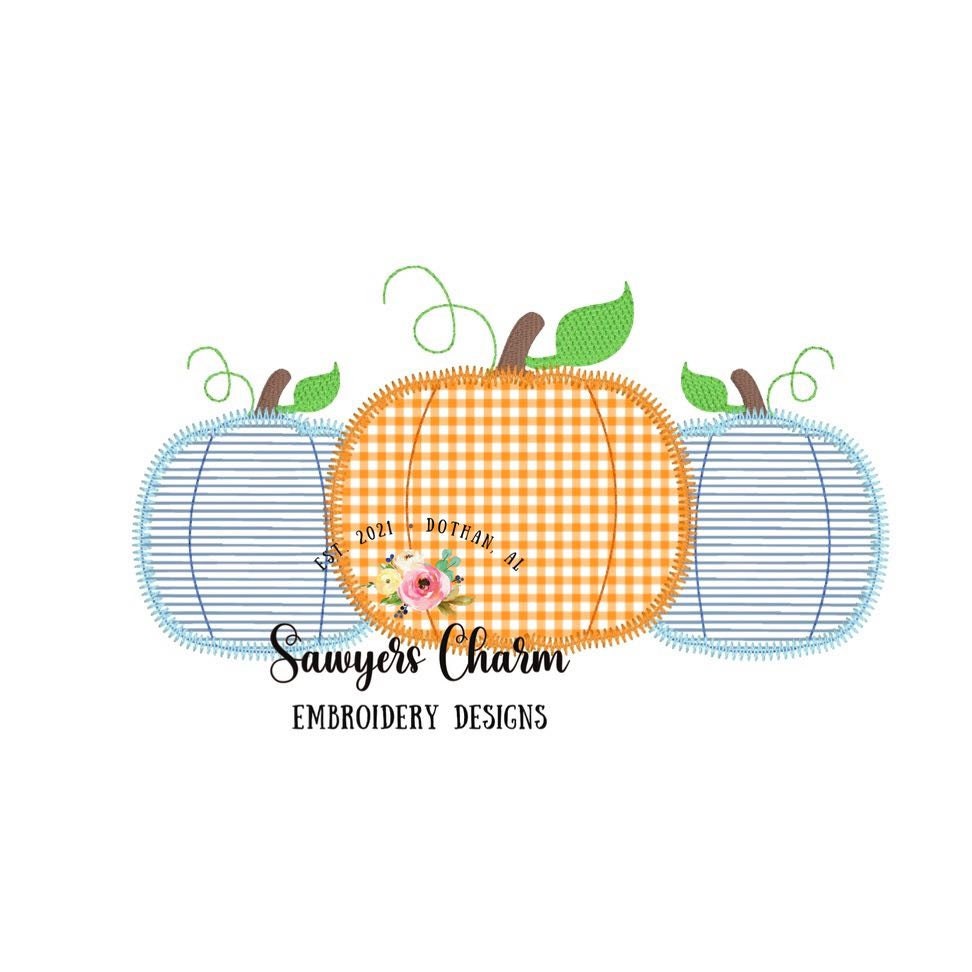 Pumpkins trio with/without bow, zig zag applique, machine embroidery design file, fall, Halloween, leaves, pumpkin patch, quick stitch