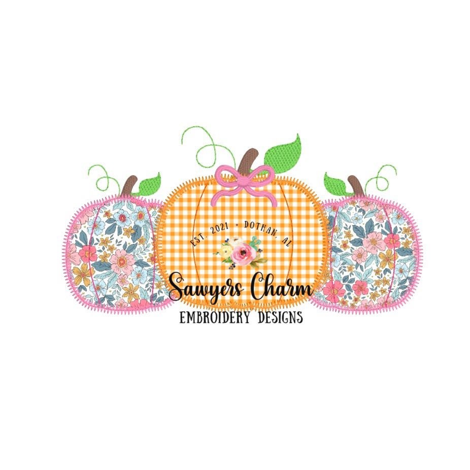 Pumpkins trio with/without bow, zig zag applique, machine embroidery design file, fall, Halloween, leaves, pumpkin patch, quick stitch