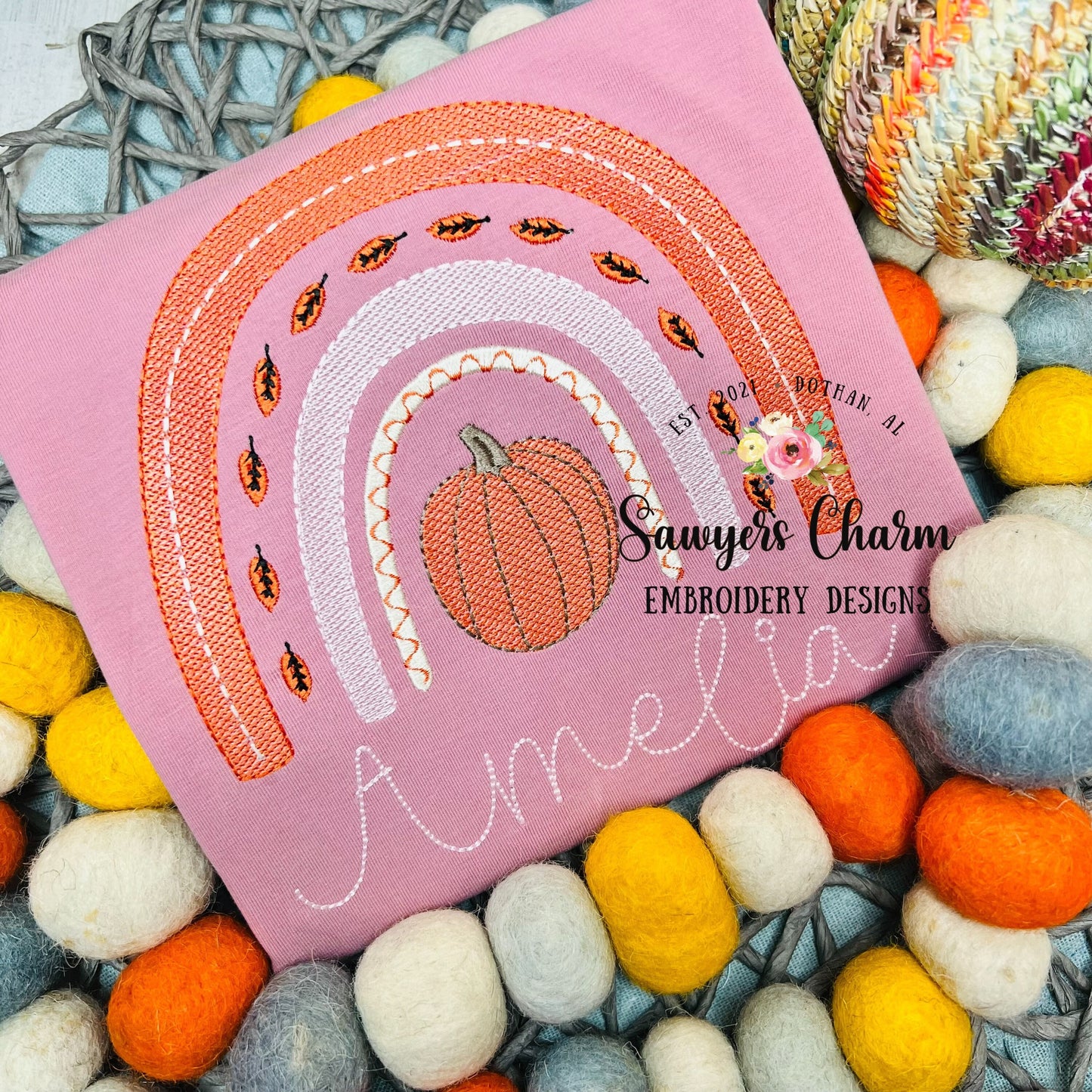 Fall/autumn boho pumpkin rainbow with leaves machine sketch fill design embroidery file, bean stitch, satin stitch, vintage stitch