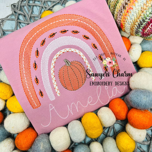 Fall/autumn boho pumpkin rainbow with leaves machine sketch fill design embroidery file, bean stitch, satin stitch, vintage stitch