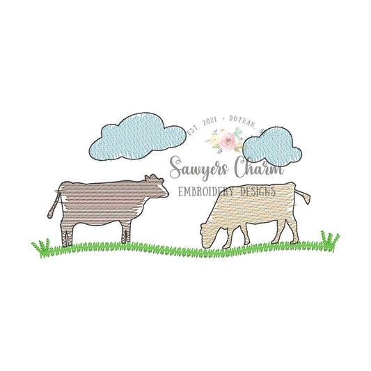Cows in field with/without clouds light sketch/watercolor stitch machine embroidery design file, quick stitch, bean stitch, farm animals